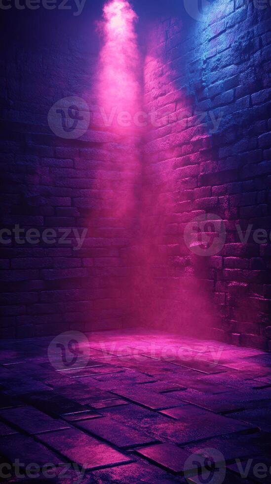 Vibrant purple and pink light beams illuminate a stone-walled space during an evening event photo