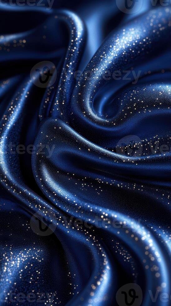 Soft blue satin fabric with shimmering glitter highlights creates an elegant and luxurious texture in this close-up view photo