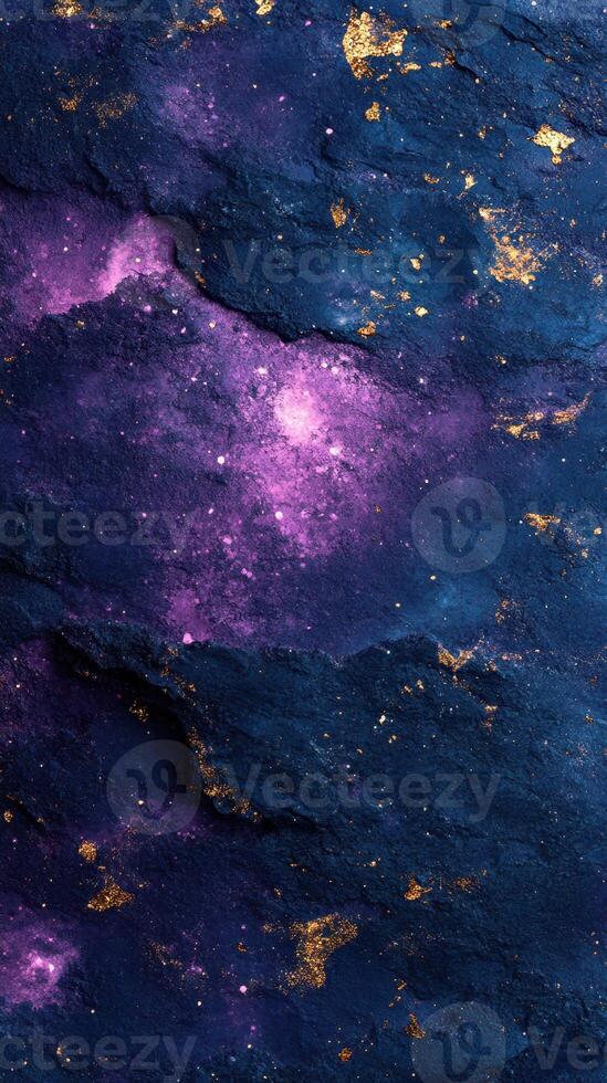 Exploring a vibrant cosmic landscape with swirls of purple and gold against a deep blue background photo