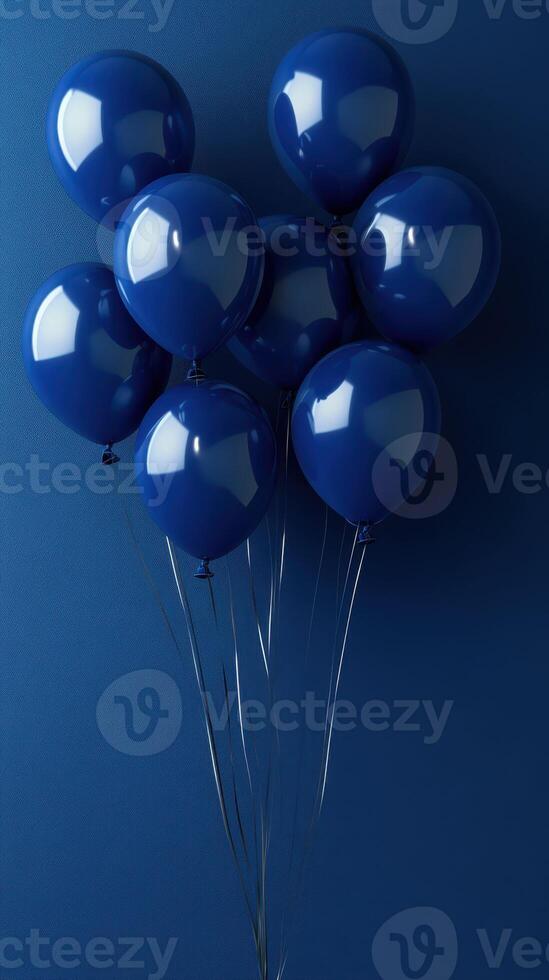 Balloons in deep blue adorn a simple wall, creating an elegant display for celebrations and events photo