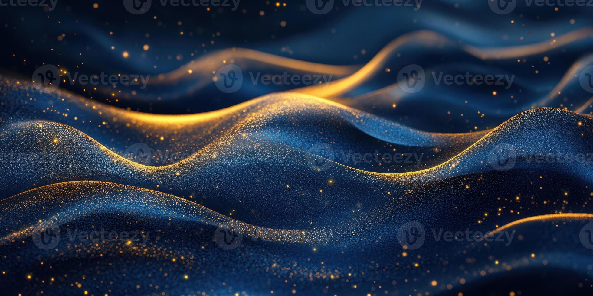 Waves of shimmering blue and gold create an enchanting atmosphere in a cosmic fantasy setting during nighttime photo