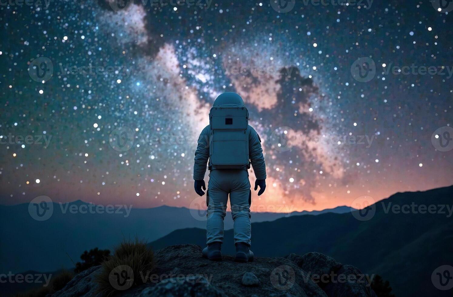 Astronaut stand on obscure ground planet and looking large satellite space photo
