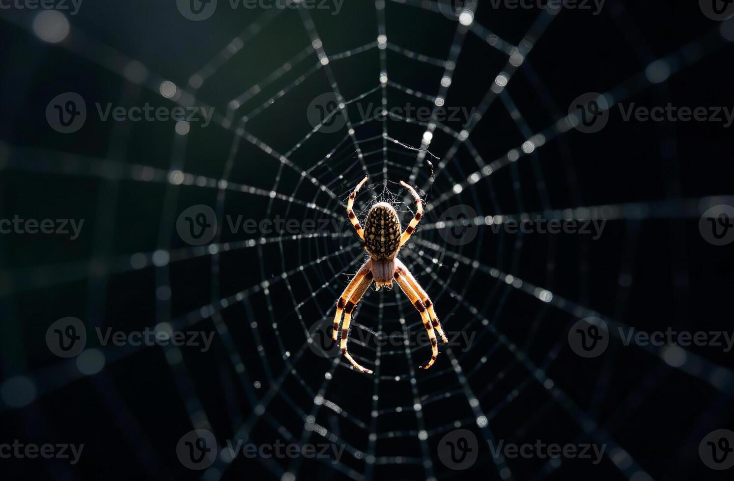 Predatory spider scary sits web and waits for victim black background photo