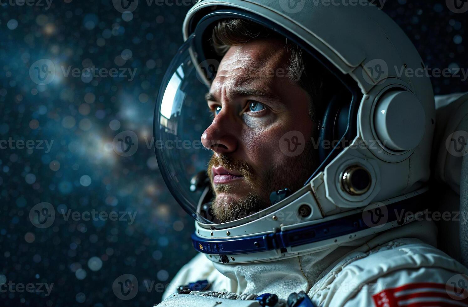 Portrait man astronaut shadowy in spacesuit helmet background of cosmos photo