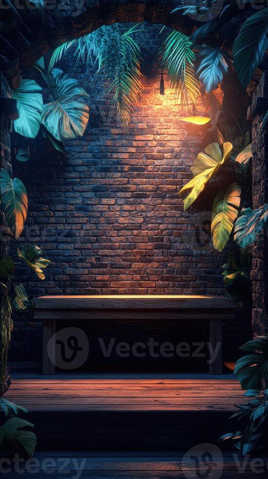 Serene indoor space with lush plants and warm lighting creates inviting ambiance for relaxation photo