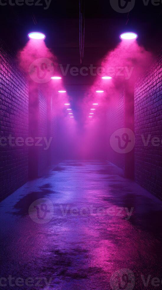 Mysterious corridor with purple lighting and fog effects in an urban setting photo