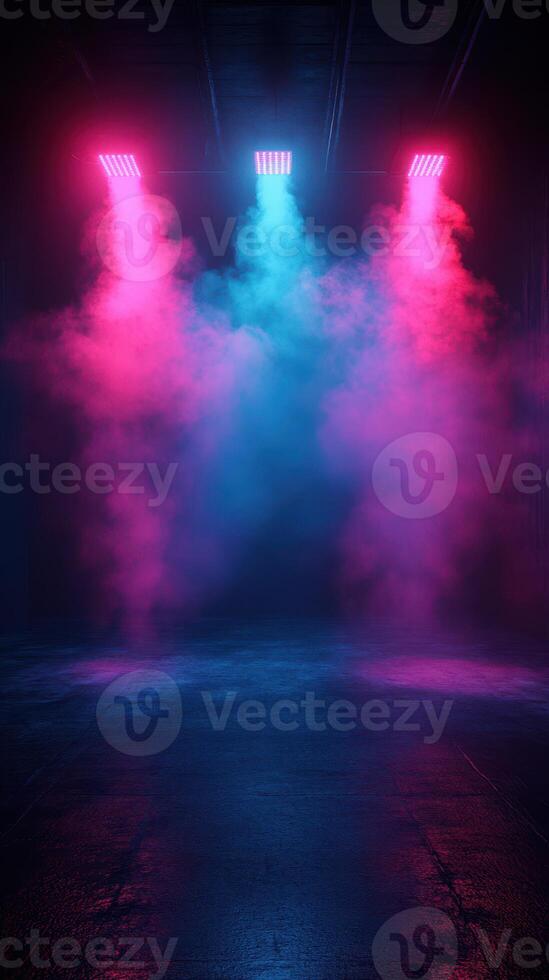 Colorful stage lights illuminate a foggy performance area during a vibrant artistic event at night photo