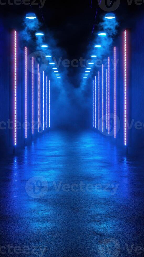 Vibrant neon lights illuminate a foggy corridor in an urban setting during nighttime hours photo