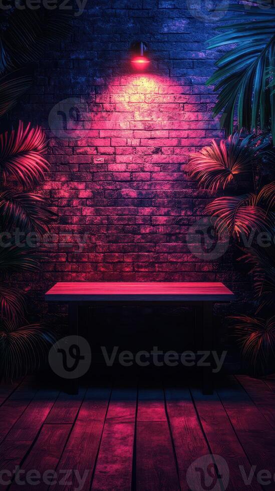 Vibrant indoor setting with colorful lighting and lush plants creates a cozy atmosphere for relaxation or gatherings photo
