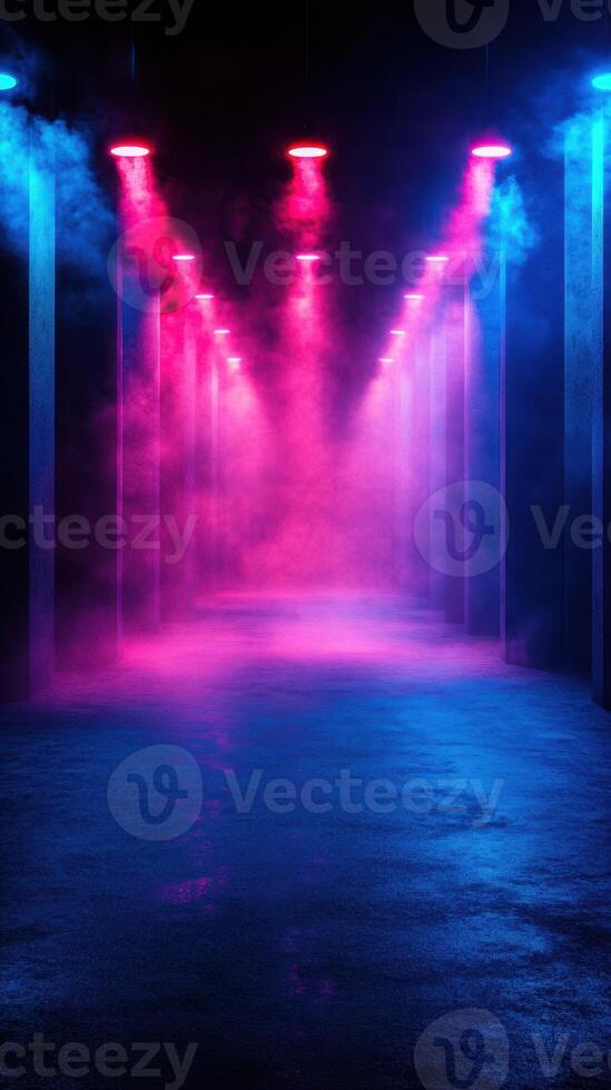 Vibrant neon lights create an ethereal atmosphere in a misty corridor during a nighttime event photo