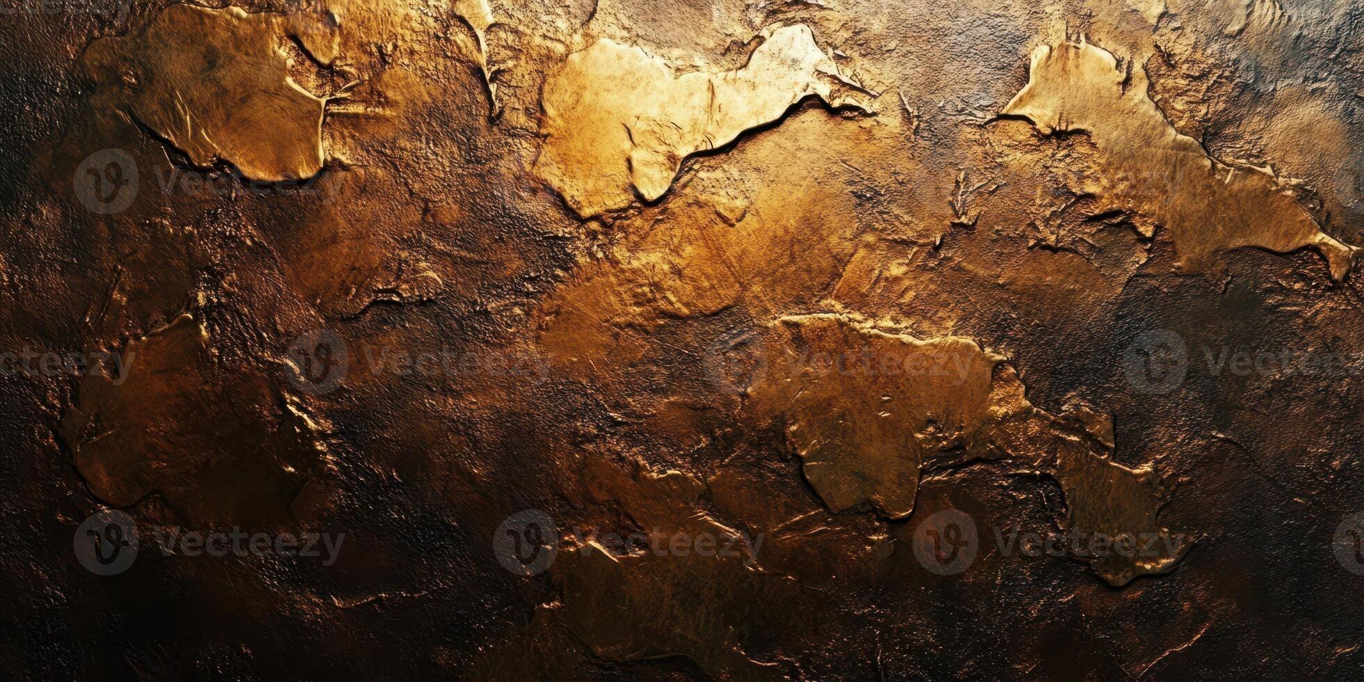 A textured metallic surface displays an abstract design, where intricate golden patterns contrast with dark shades photo