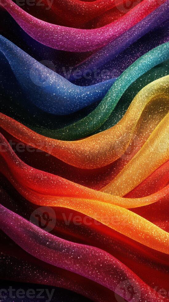 Colorful silk fabric waves create a mesmerizing pattern of vibrant hues in a soft shimmer under warm lighting photo