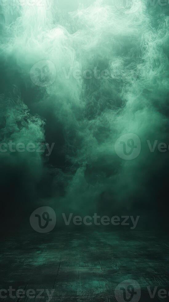 Mysterious green fog envelops an empty space creating an ethereal atmosphere in a dark environment photo