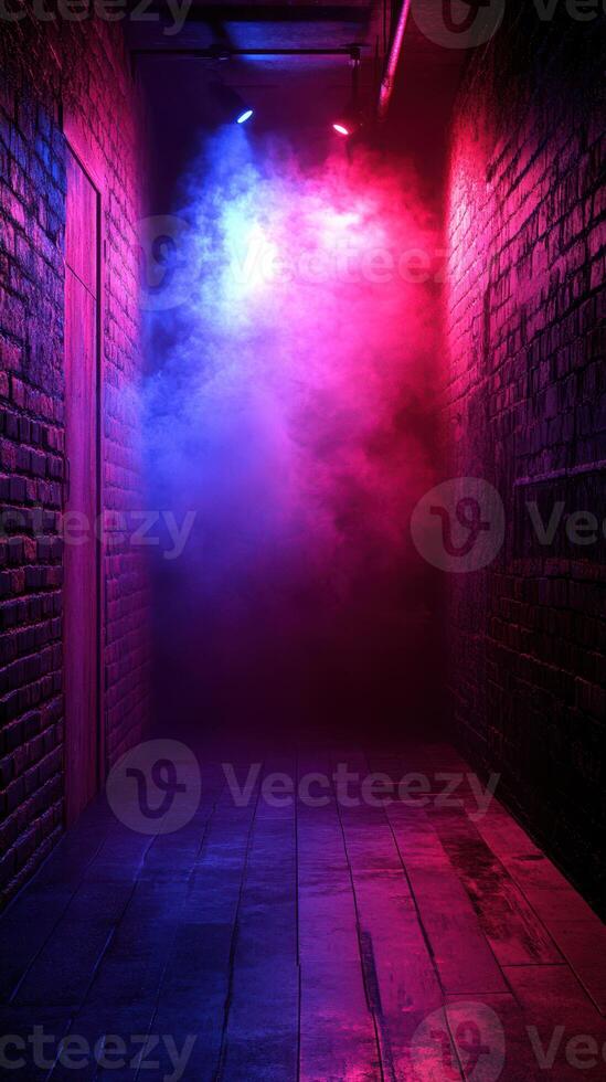 Mysterious alleyway illuminated by vibrant lights and colored smoke at night photo