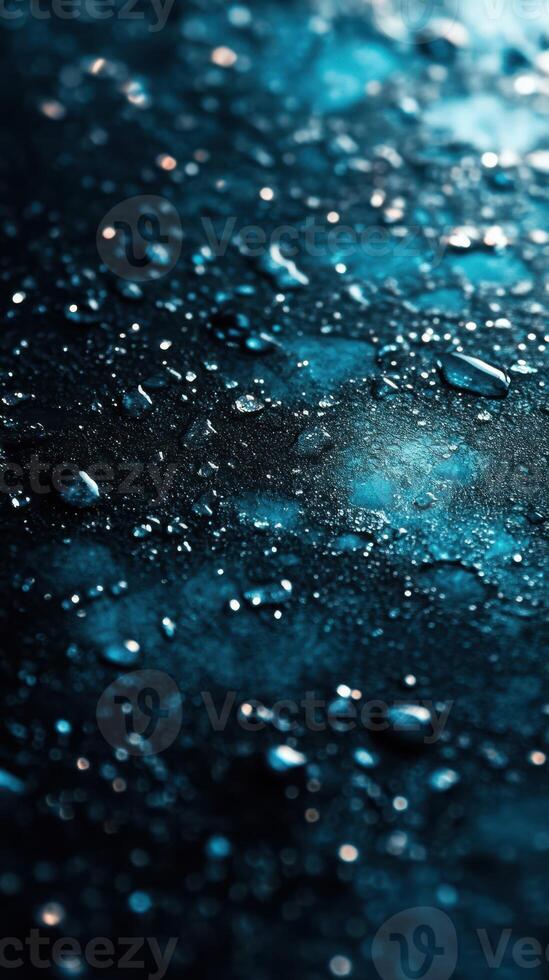 Surfaces glisten with droplets reflecting soft blue light in a dark atmospheric setting photo