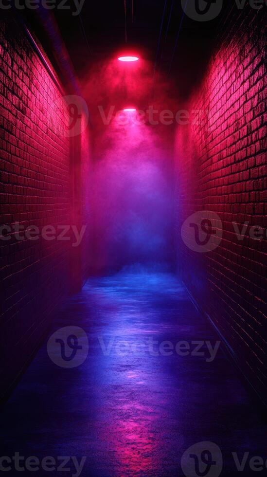 Mysterious alley illuminated by vibrant pink and blue lights with a foggy atmosphere at nighttime photo