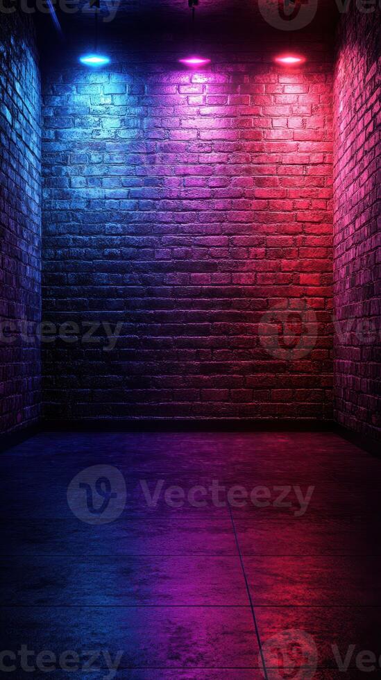 Colorful neon lights illuminate an urban brick wall in a dimly lit setting photo