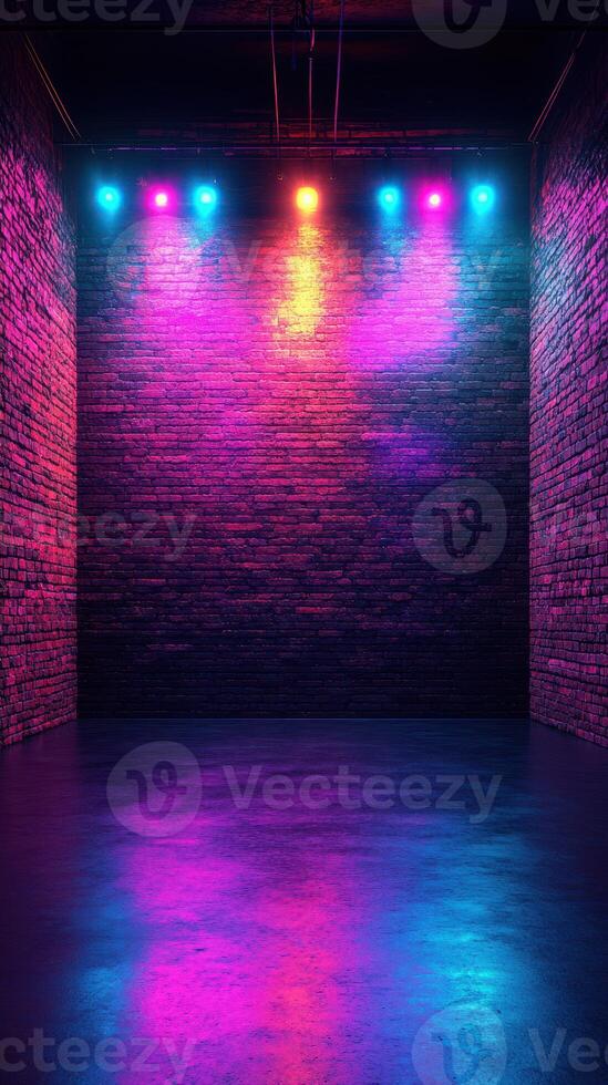Vibrant nightclub interior with colorful lights reflecting on polished floor in urban setting photo