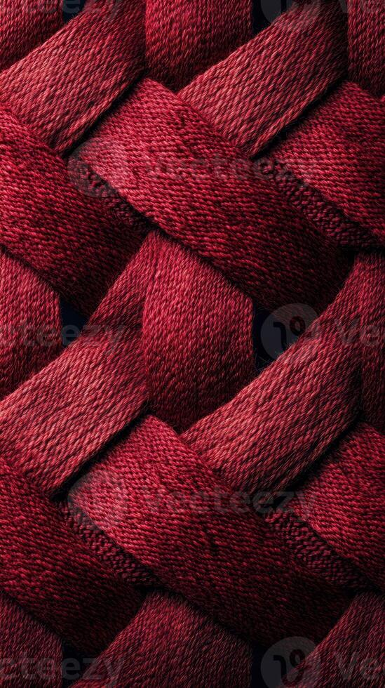 Close-up view of intricately braided red fabric showcasing texture and depth under soft lighting in a studio setting photo