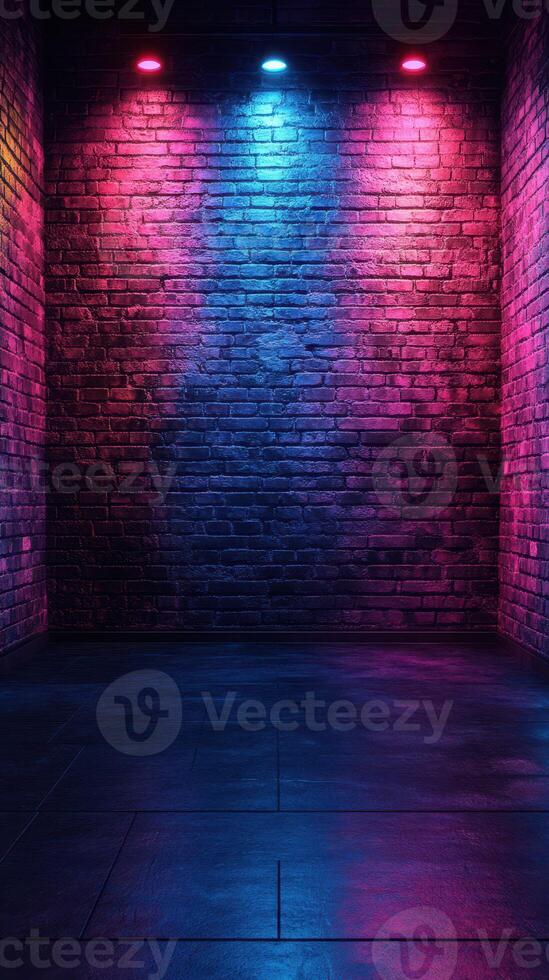Colorful illuminated brick wall creates a vibrant atmosphere in an indoor space at night photo