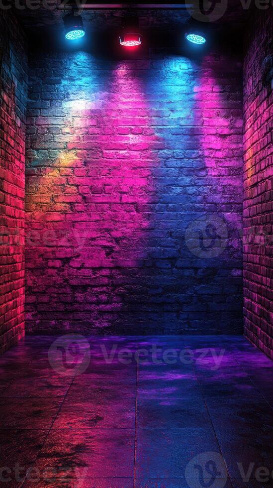Colorful lighting illuminates a textured brick wall in a dark room creating an atmospheric setting for events or performances photo