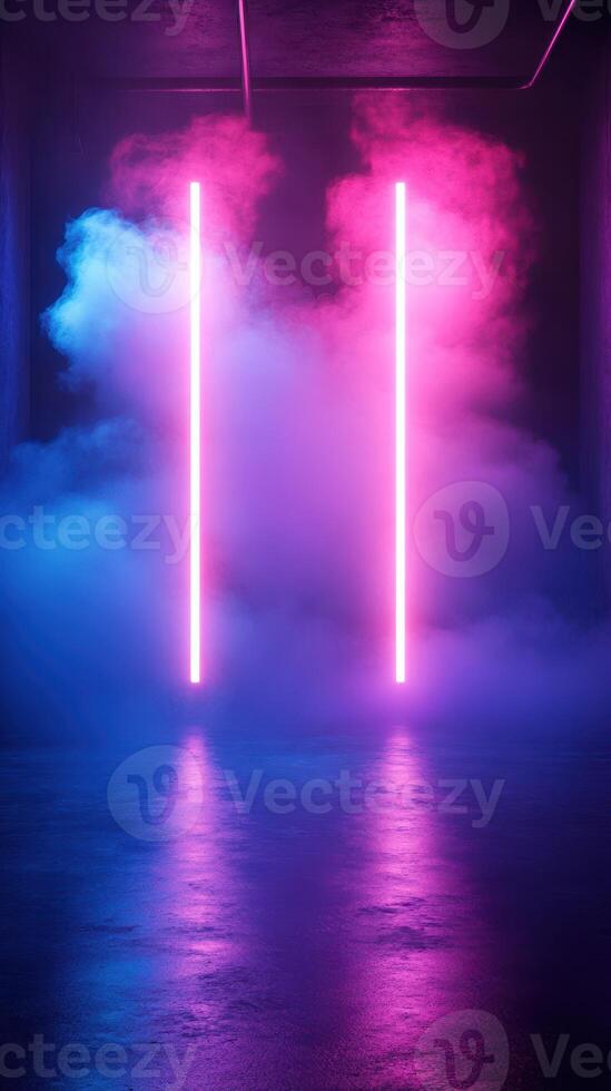 Neon lights illuminate a fog-filled space, creating an atmospheric backdrop for artistic expression and performance art photo