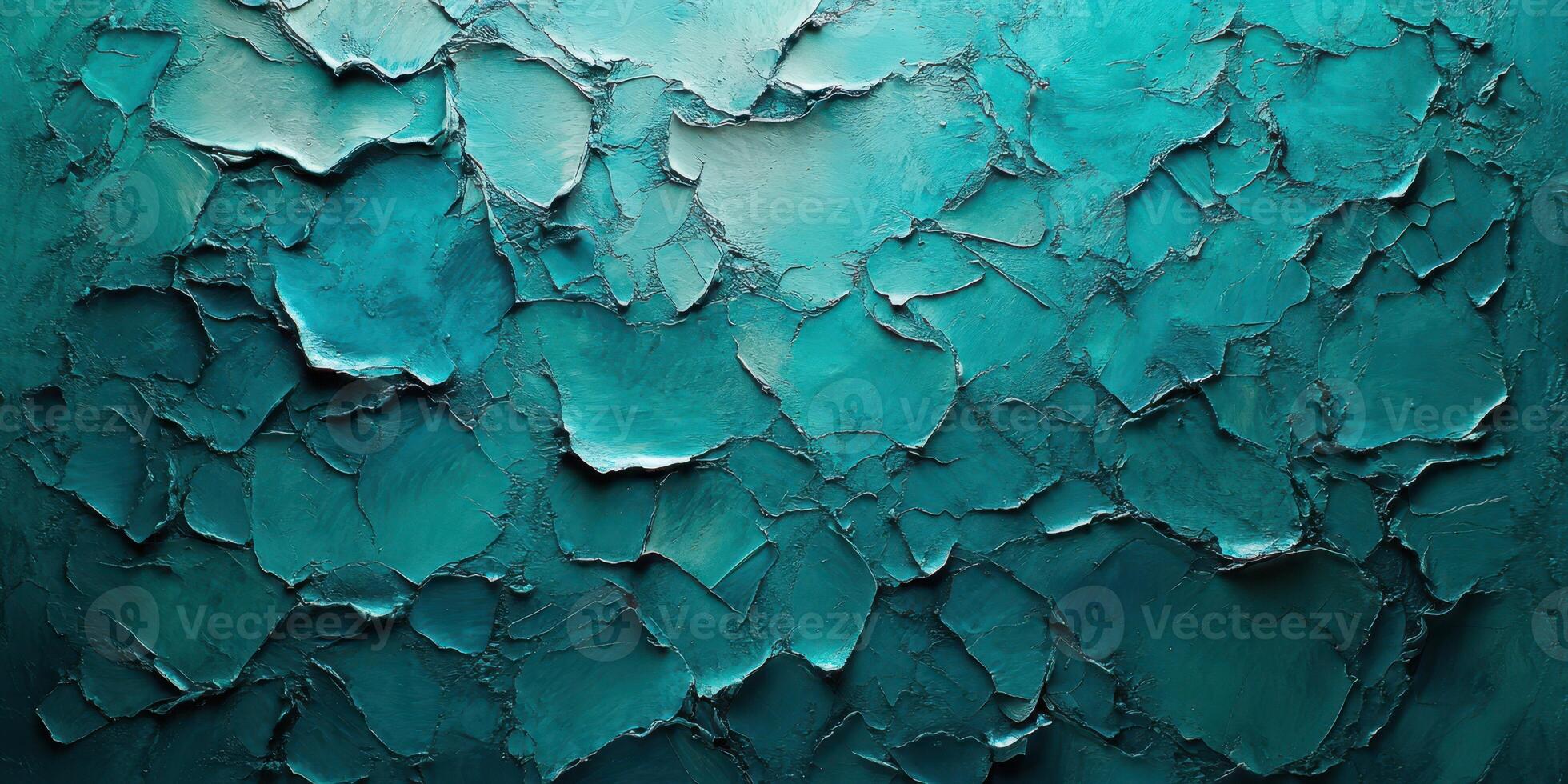 Textured surface of peeling turquoise paint showcasing intricate patterns and shadows in natural light photo