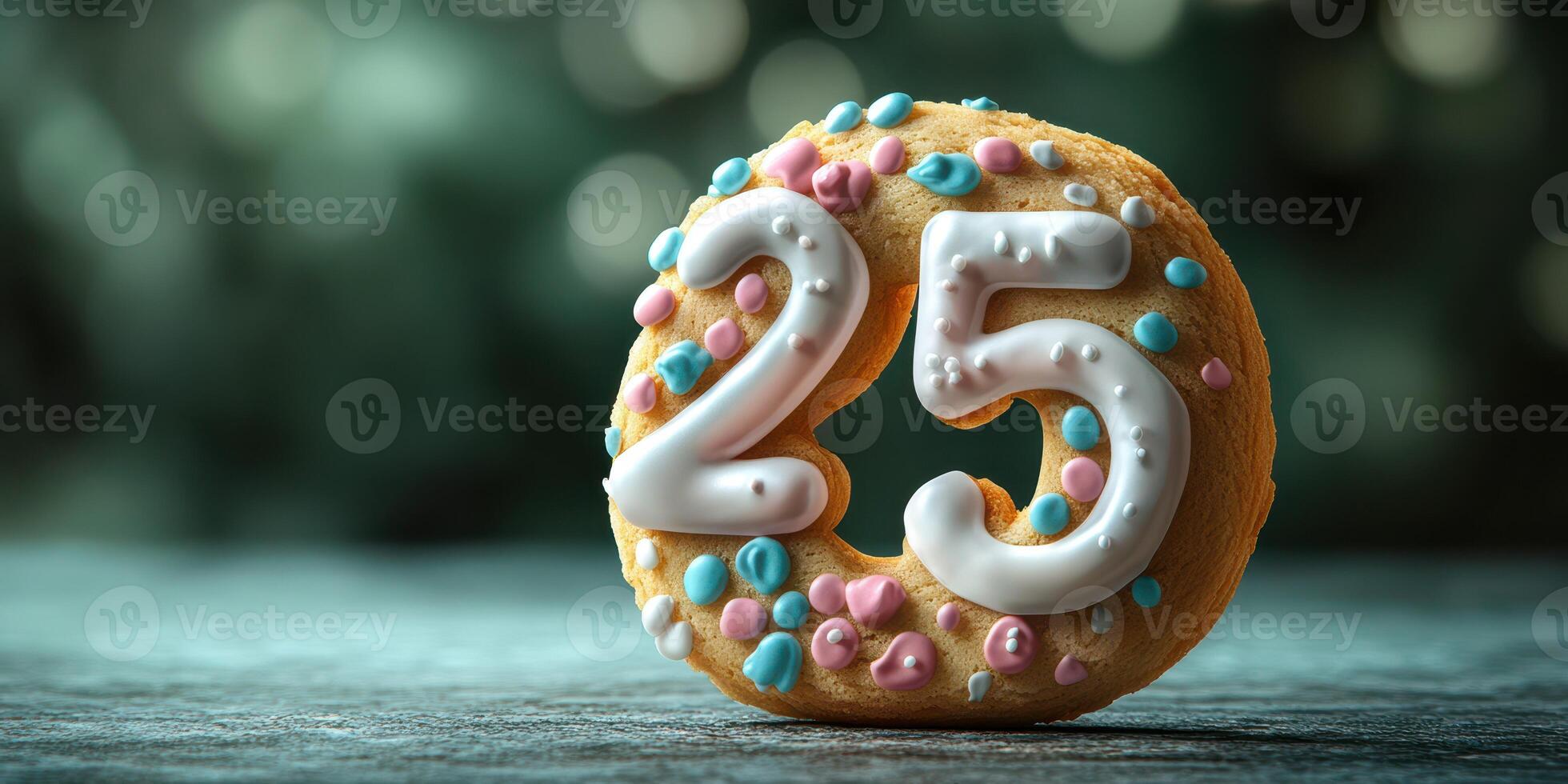 Decorative donut featuring number twenty-five with colorful frosting and sprinkles for a celebration photo