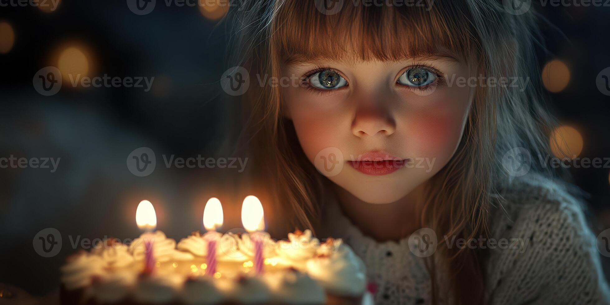 Child celebrating birthday with cake and candles in cozy indoor setting during nighttime photo