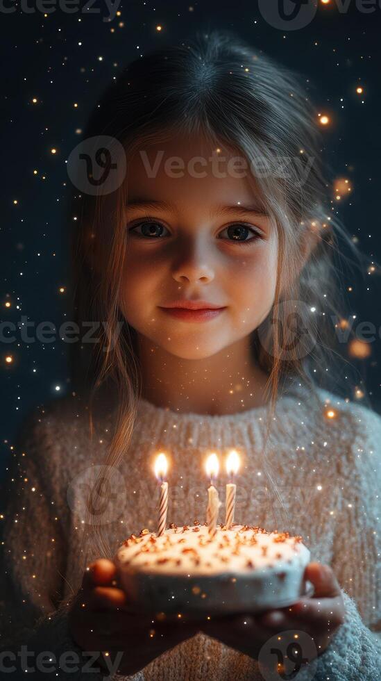Young girl smiling while holding a birthday cake with candles in a softly lit setting during an evening celebration photo