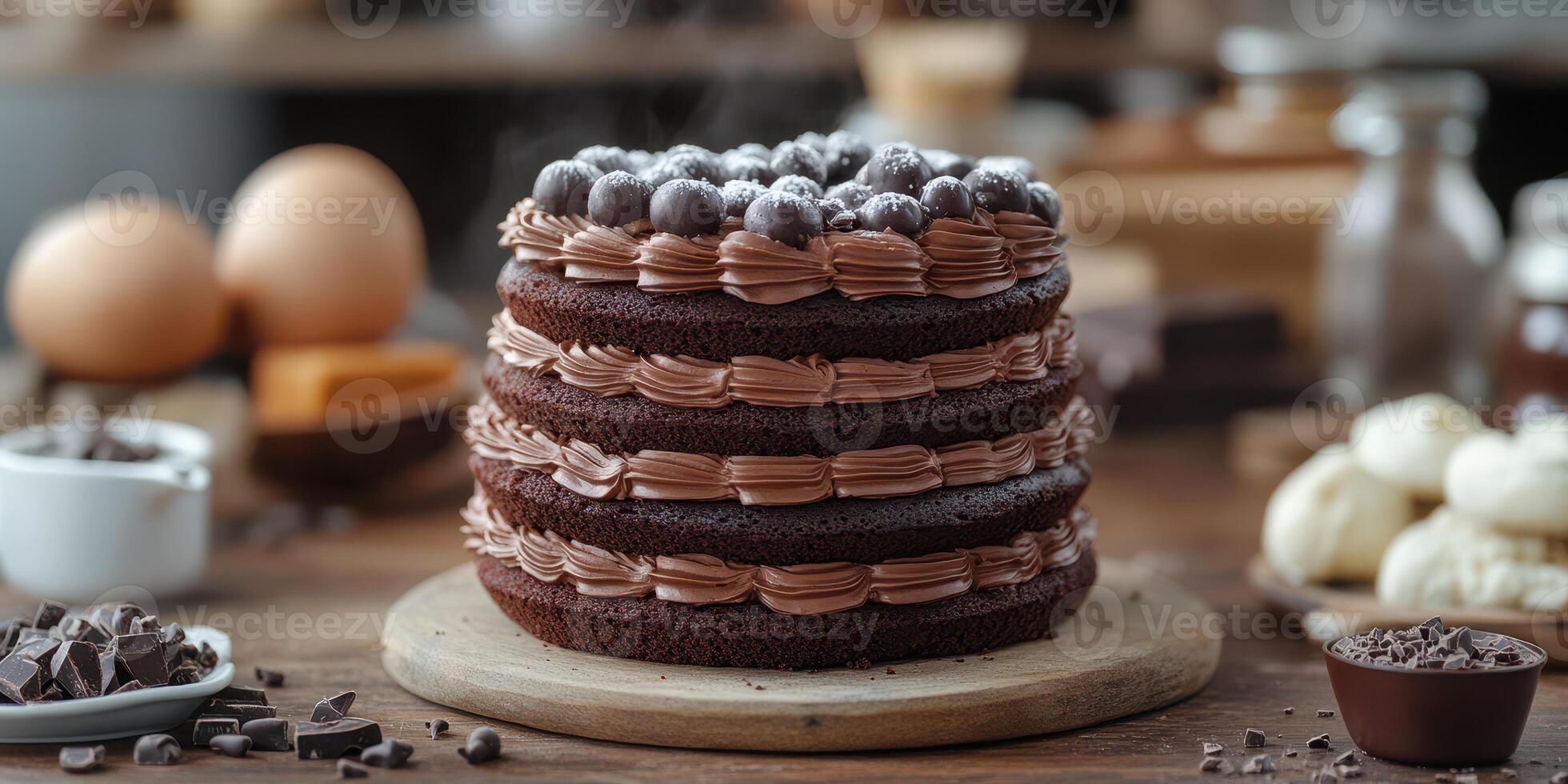 Delicious chocolate cake with layers, decorated with fresh fruit and frosting, prepared in a cozy kitchen setting during the afternoon photo