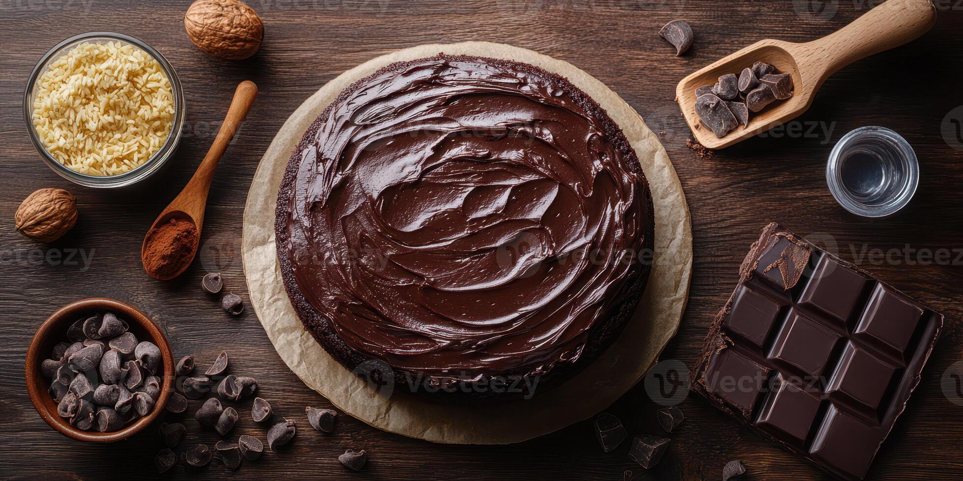Chocolate cake preparation with ingredients arranged on a wooden table during afternoon baking session photo