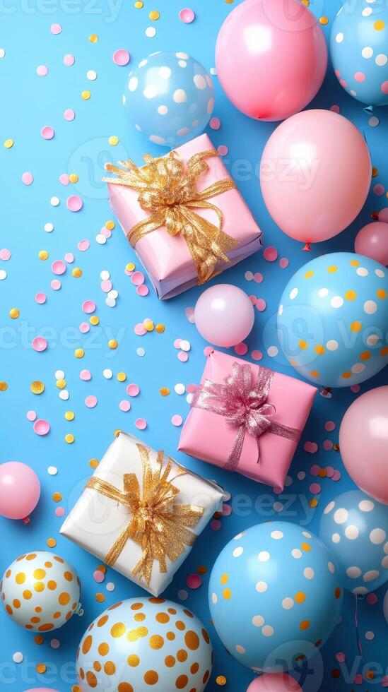 Colorful celebration setup with gifts and balloons on a blue background for a joyful event photo