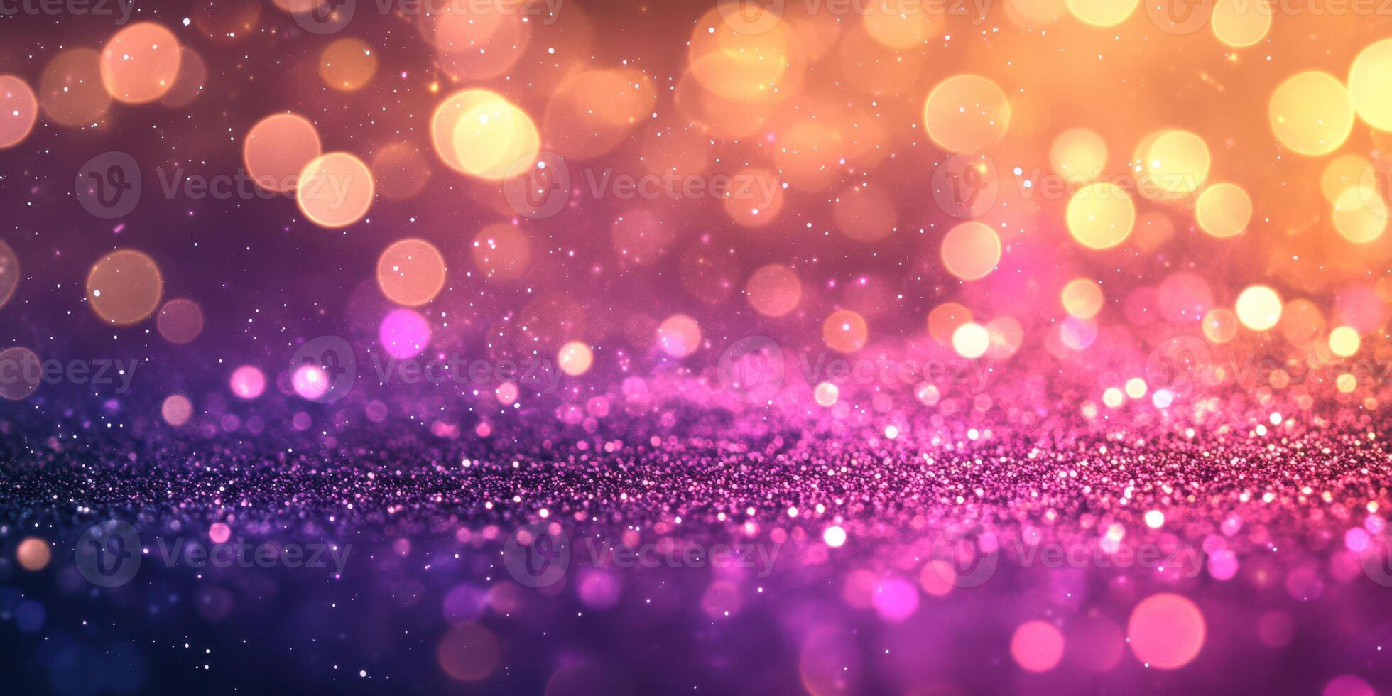 Vibrant bokeh lights create a sparkling backdrop in a gradient of purple and orange hues during a festive evening celebration photo