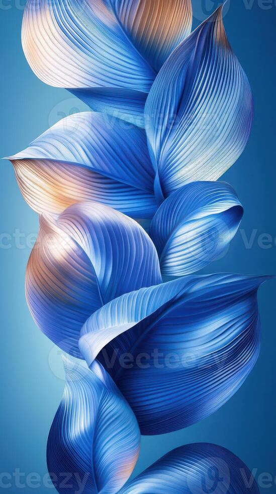 Vibrant blue abstract leaves intertwined against a smooth gradient background photo