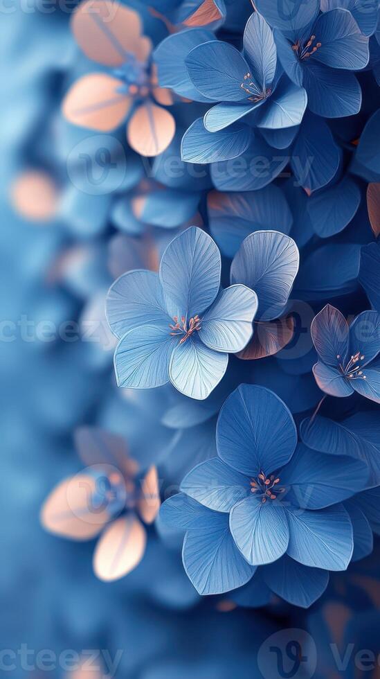 Beautiful blue flowers with delicate petals and soft lighting create a serene atmosphere in a floral garden photo