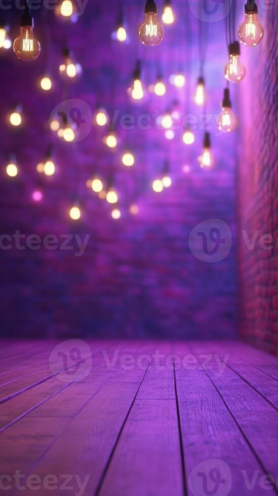 Vibrant setup with hanging lights in a purple-themed space ideal for creative events or gatherings photo