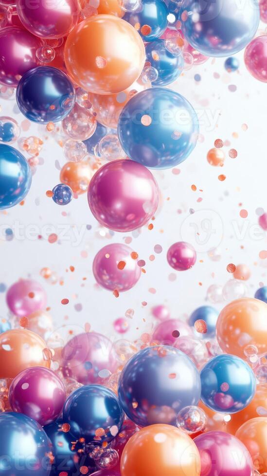 Colorful spheres and bubbles suspended in a vibrant arrangement create an eye-catching display in a bright setting photo