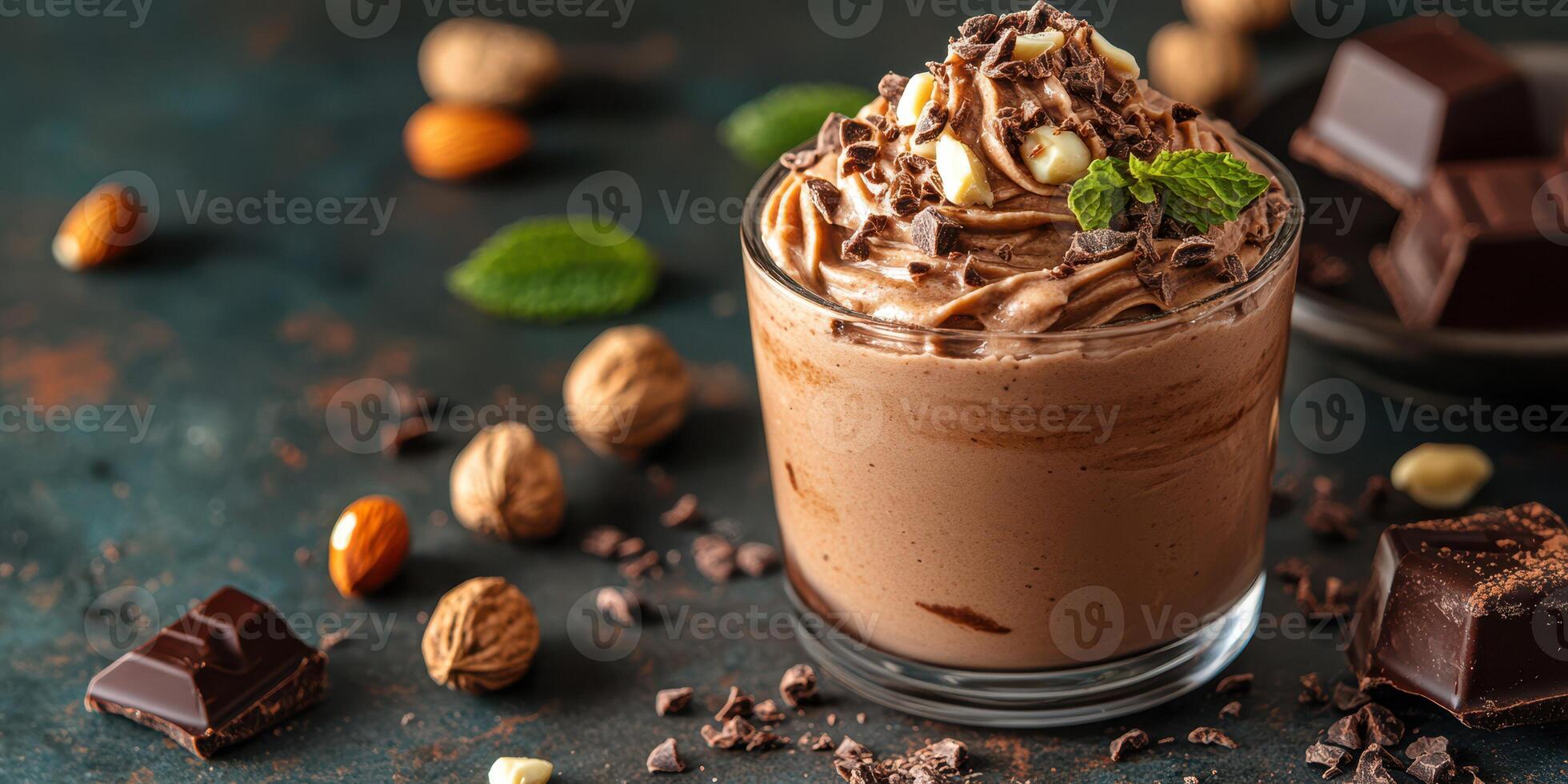 Decadent chocolate dessert with whipped cream and nuts served in a glass on a rustic table photo