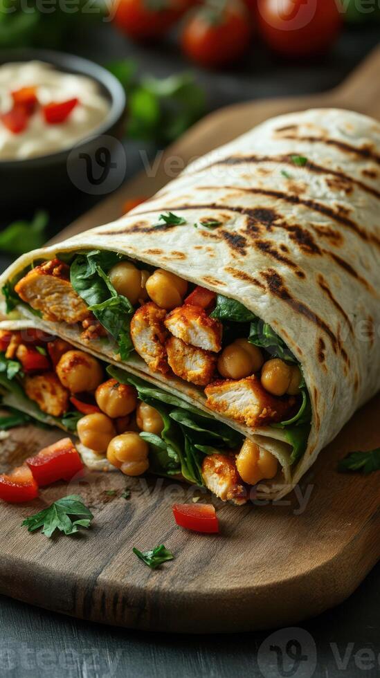 Delicious wrap filled with grilled chicken, chickpeas, and fresh vegetables served on a wooden board photo