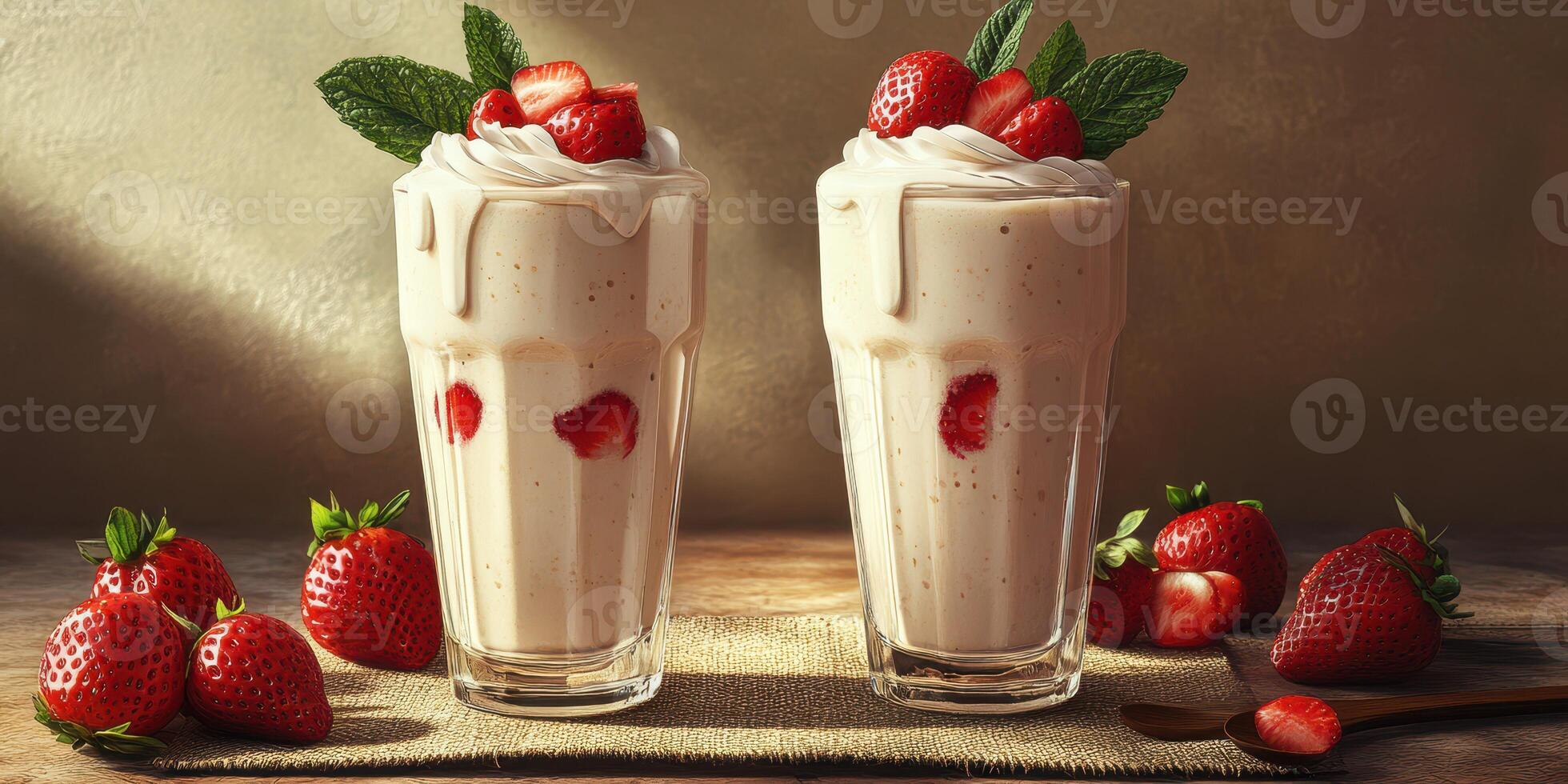 Refreshing strawberry milkshakes served in tall glasses with fresh strawberries and mint leaves on a rustic table photo