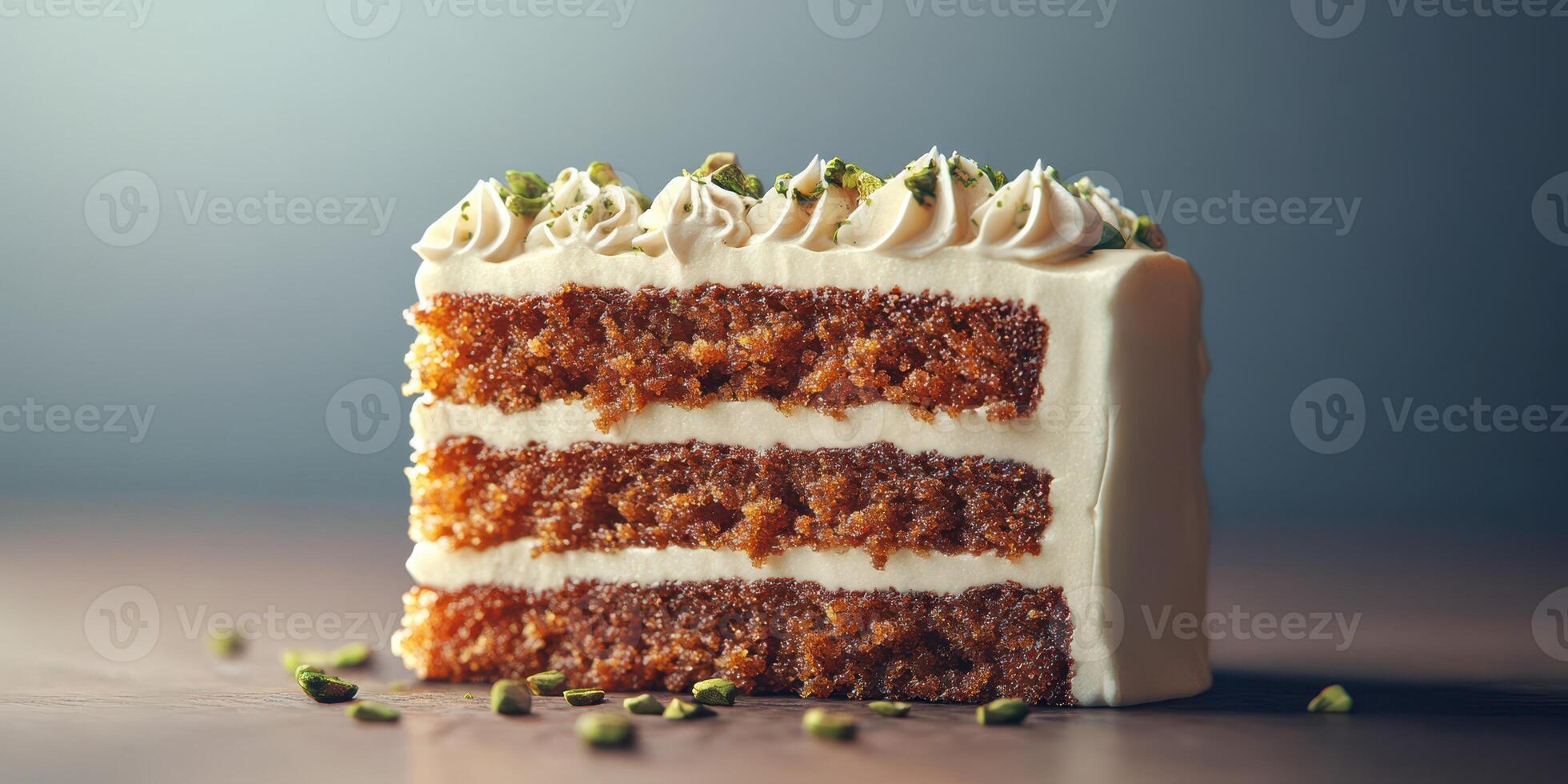 Moist layered cake with cream frosting and pistachios on a wooden surface against a dark background photo