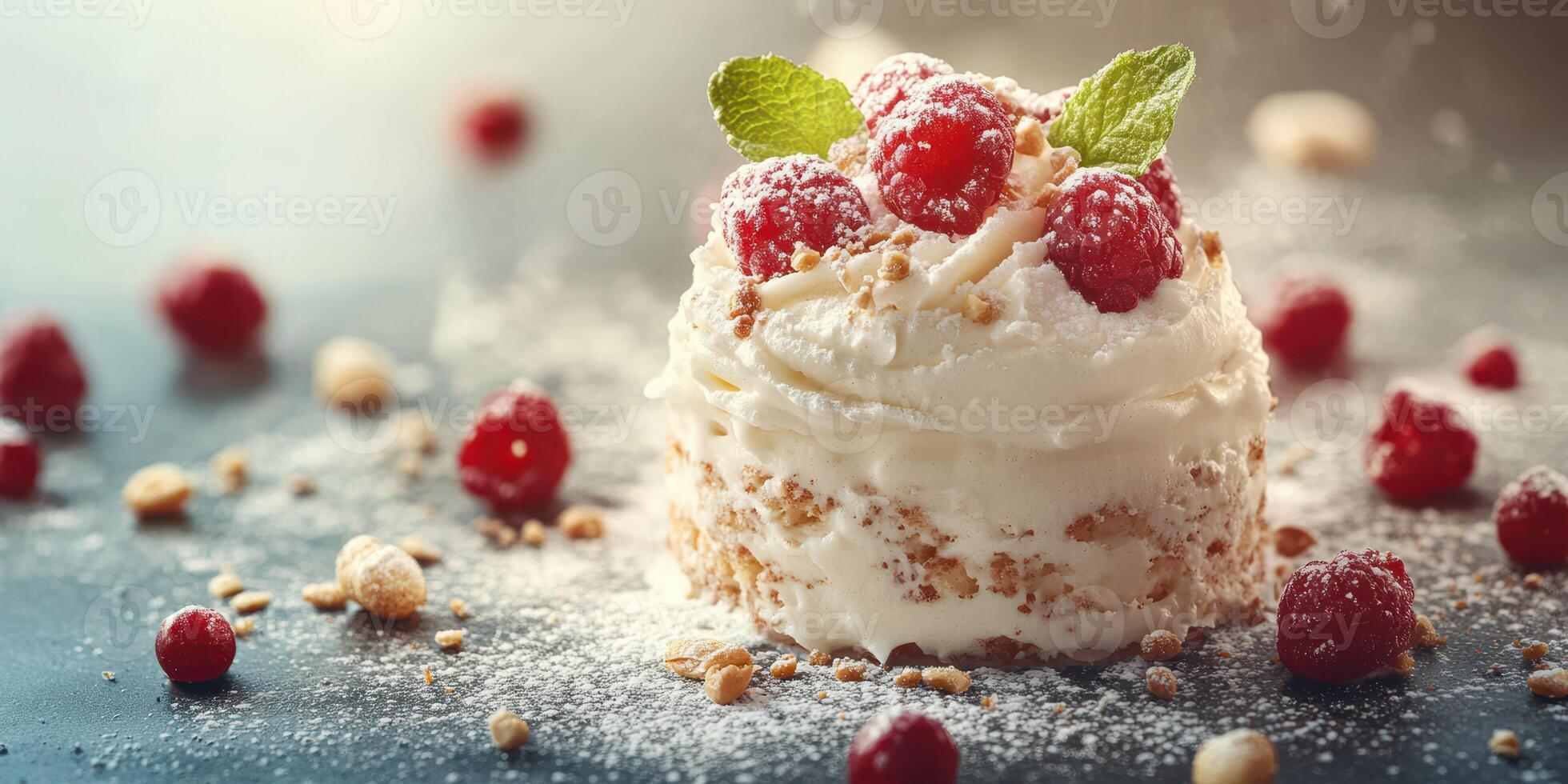 Delightful raspberry cream cake garnished with mint leaves on a textured dark background photo