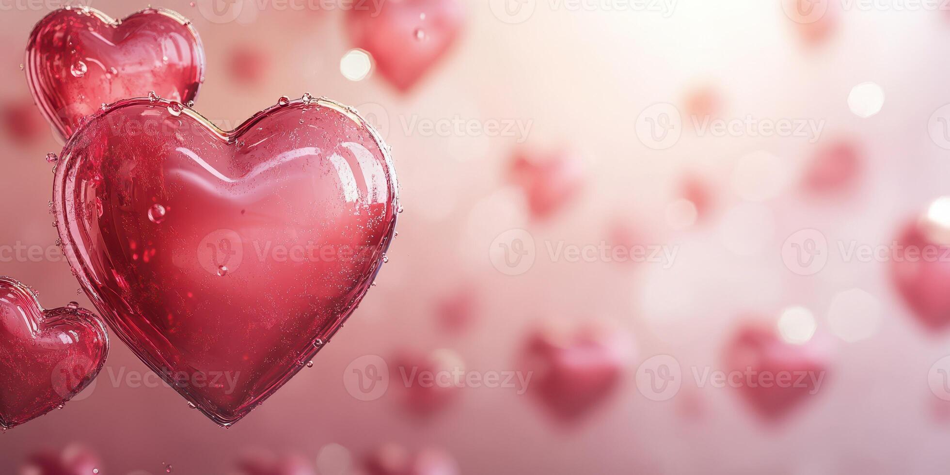 Colorful red hearts floating in soft focus against a light background creating a romantic atmosphere photo