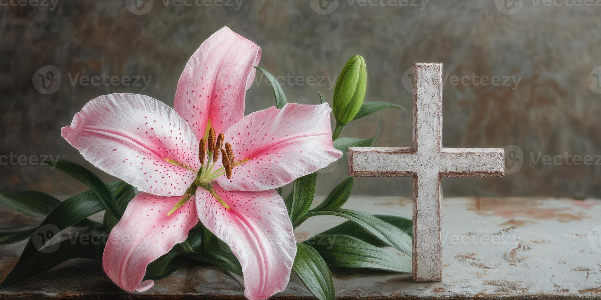 Pink lily and wooden cross arranged on a rustic table for a serene display of faith and nature photo