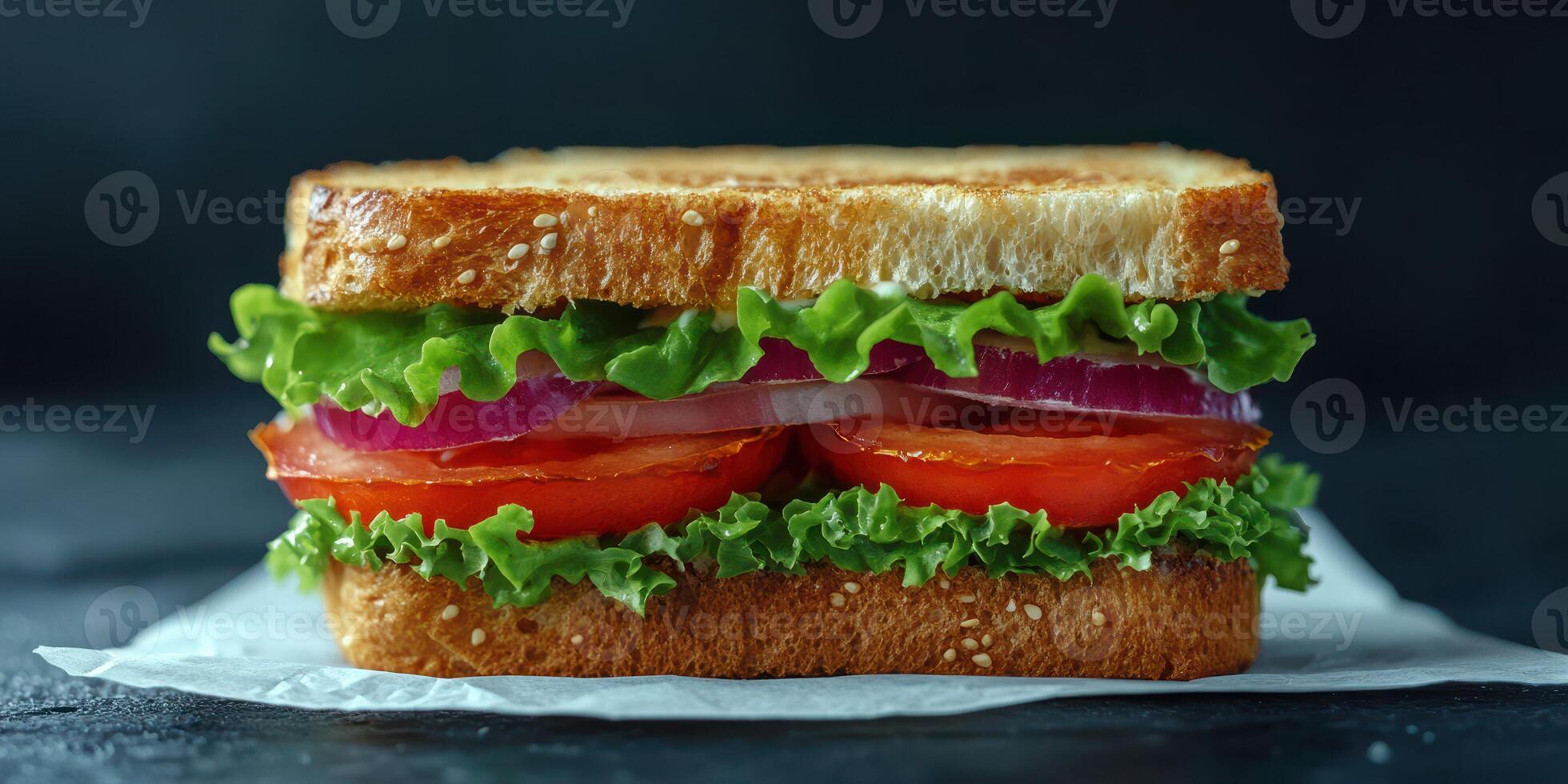 Delicious sandwich with fresh vegetables and golden toasted bread served on a napkin photo