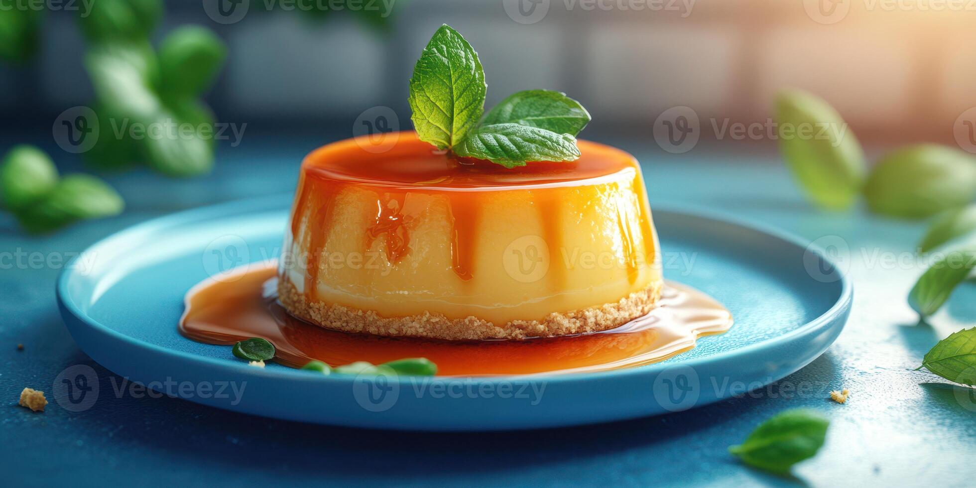 Delicious dessert served on a blue plate with caramel sauce and mint leaves at a sunny kitchen setting photo