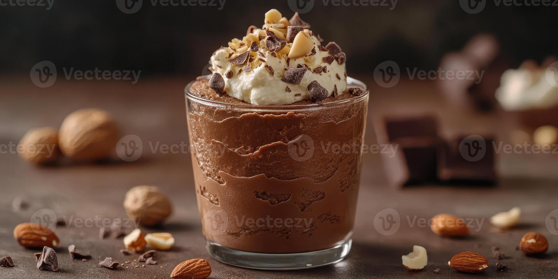 Indulgent chocolate dessert topped with whipped cream and nuts in a cozy setting photo