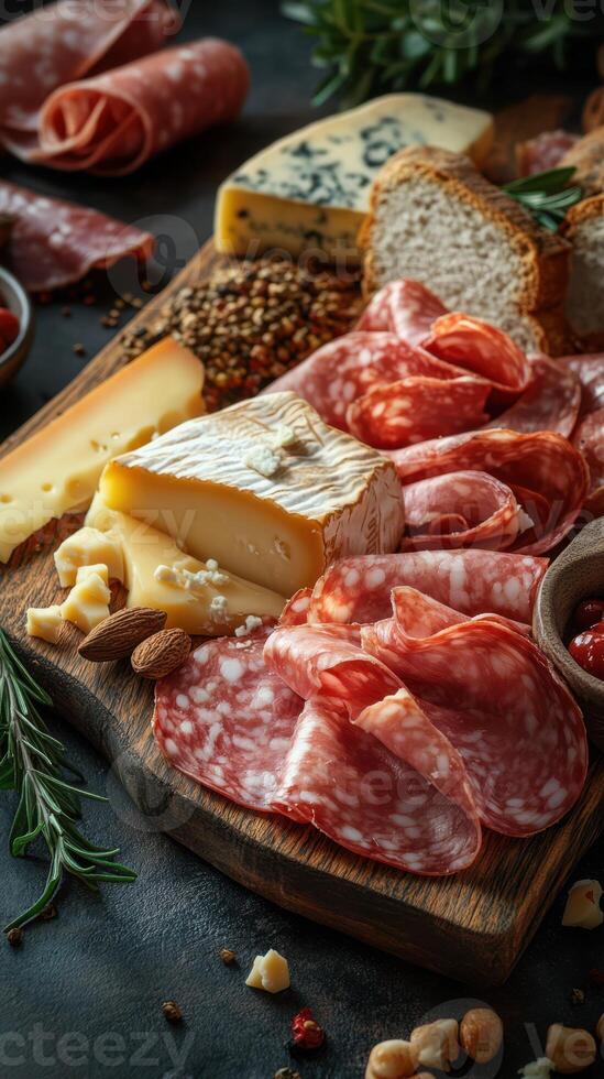 Assorted meats and cheeses arranged on a wooden board with nuts and herbs in a cozy setting photo