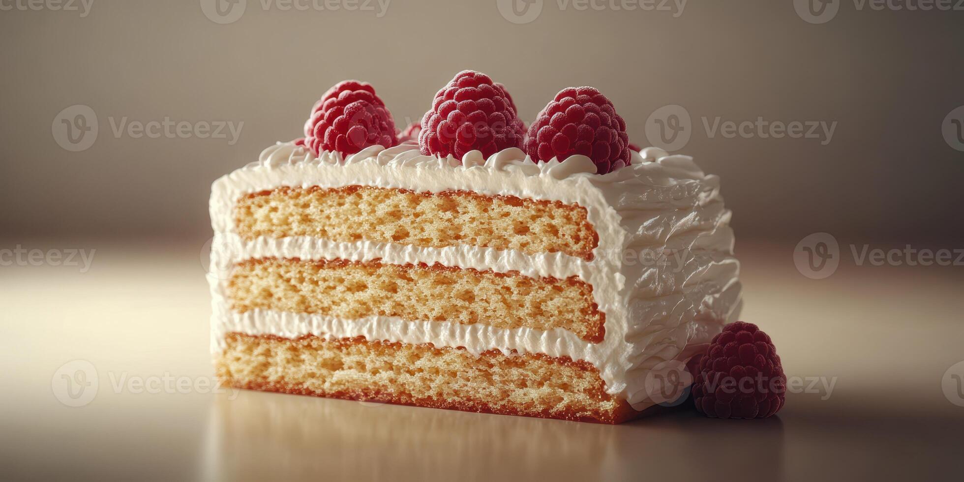 Delightful raspberry cream cake slice showcasing layers of sponge and whipped topping in soft lighting photo